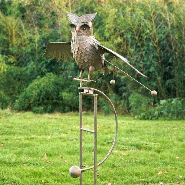 Metal Birds |  Large Flying Owl W/Moving Wings – Antique Bronze Garden Metal Birds