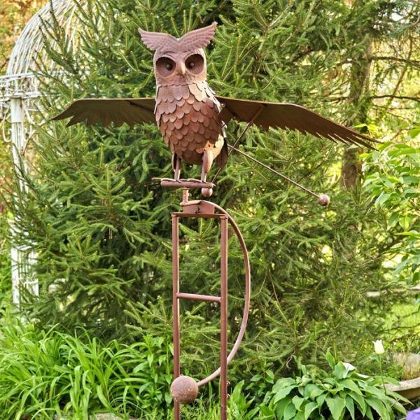 Metal Birds |  Large Flying Owl W/Moving Wings – Antique Rust Garden Metal Birds