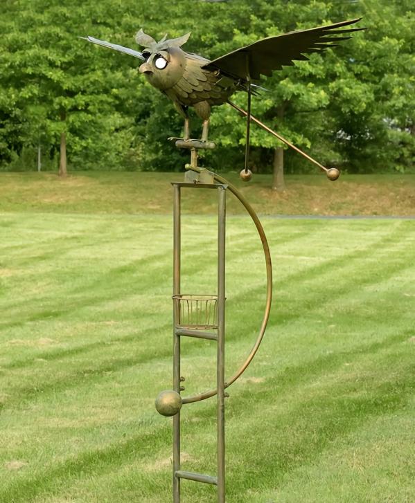 Metal Birds |  Large Rocking Owl W/Moving Wings & Solar Eyes Garden Metal Birds