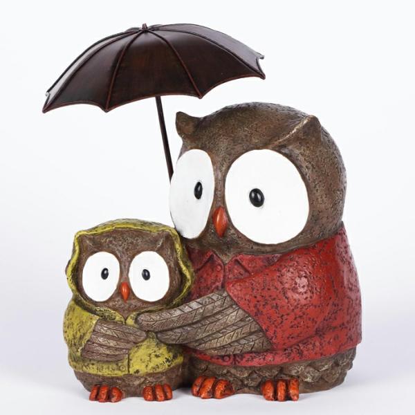 Metal Birds |  Mother Owl & Baby W/Umbrella Garden Garden Statues