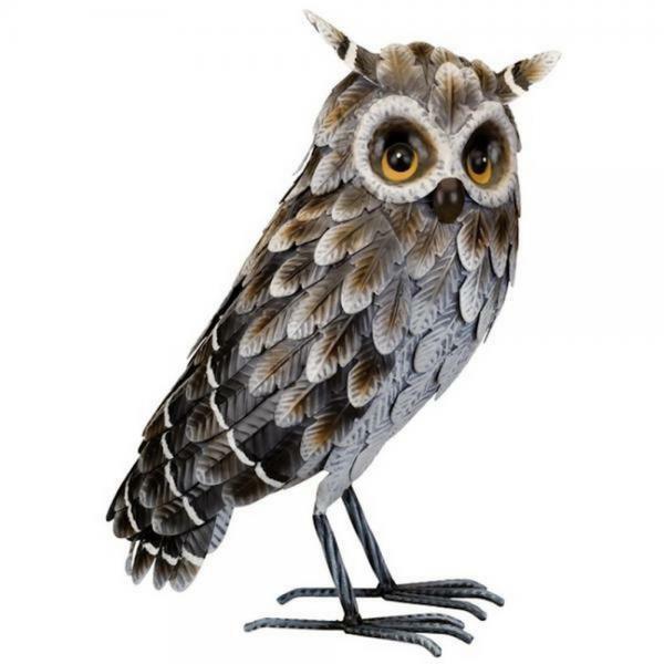 Metal Birds |  Standing Grey Horned Owl Statue Garden Metal Birds