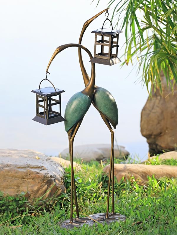 Metal Birds |  Stylized Cranes Solar Led Garden Lantern Garden Metal Birds