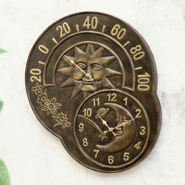 Outdoor Wall Art |  Sun And Moon Garden Clock & Thermometer Garden Outdoor Wall Art