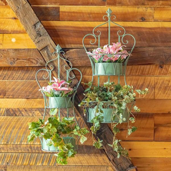 Planters & Stands |  Frosted Green Hanging Iron Basket Planters (Set Of 2) Garden Planters & Stands