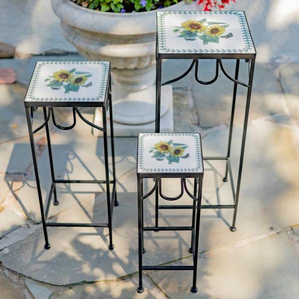 Planters & Stands |  Set Of 3 Square Mosaic Sunflower Plant Stands Garden Planters & Stands