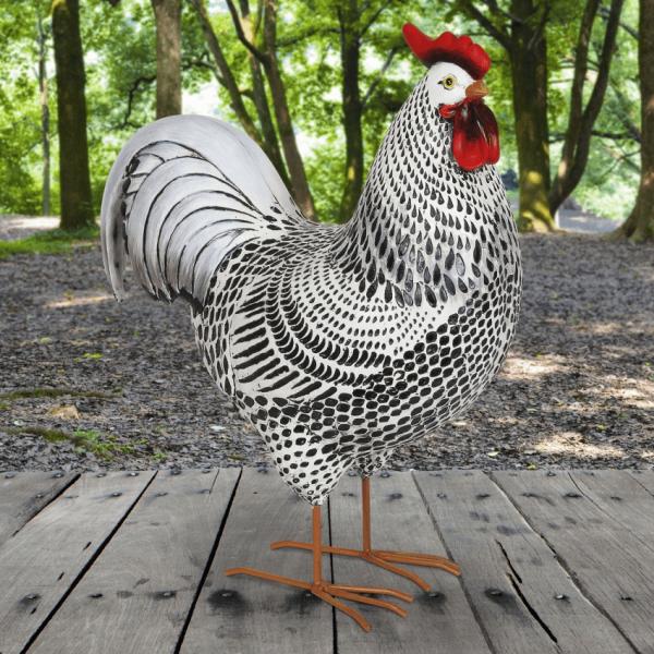 Rooster Decor |  17" Black & White Rooster Statue Garden Rooster Decor