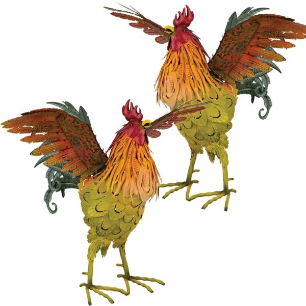 Rooster Decor |  21" Napa Roosters – Wings Out (Set Of 2) Garden Rooster Decor