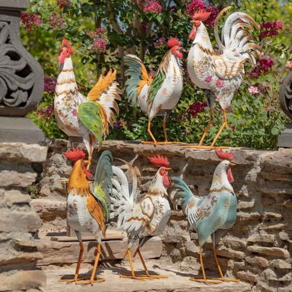 Rooster Decor |  Assorted Iron Rooster Figurines (Set Of 6) Garden Rooster Decor