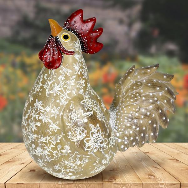 Rooster Decor |  Golden Brown Rooster W/Flowers Garden Rooster Decor