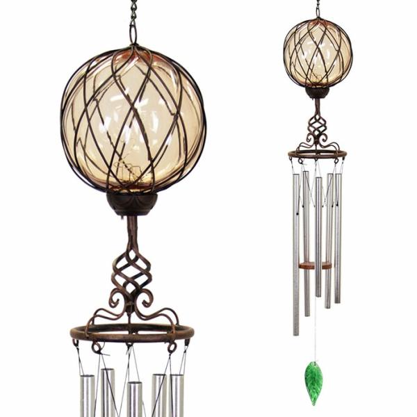 Solar Lighting |  Solar Amber Caged Glass Wind Chime Garden Solar Lighting