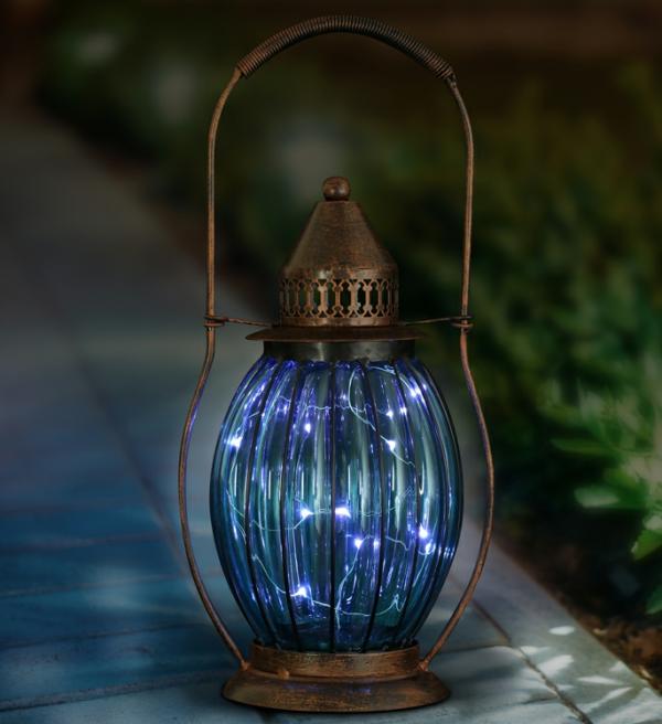 Solar Lighting |  Solar Antique Lantern W/12 Firefly Leds – Sea Blue Garden Solar Lighting