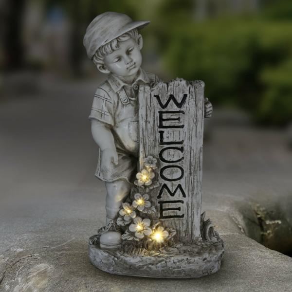 Solar Lighting |  Solar Boy Holding Welcome Sign Garden Solar Lighting