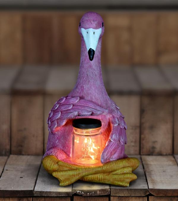 Solar Lighting |  Solar Flamingo Seated Holding Jar Of Fireflies Garden Solar Lighting