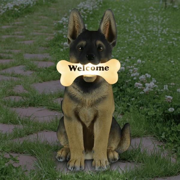 Solar Lighting |  Solar German Shepherd Holding Bone Garden Solar Lighting