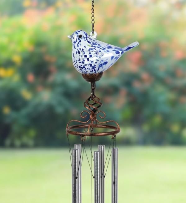 Solar Lighting |  Solar Glass Bird Windchime – Dk Blue Garden Solar Lighting