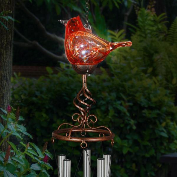 Solar Lighting |  Solar Glass Cardinal Finial Wind Chime Garden Solar Lighting