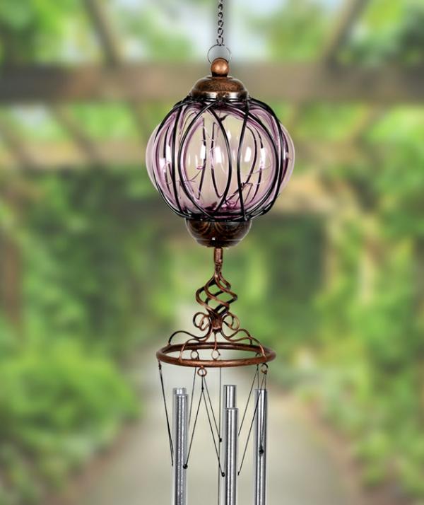 Solar Lighting |  Solar Lavender Glass Windchime – Metal Links Orb Garden Solar Lighting