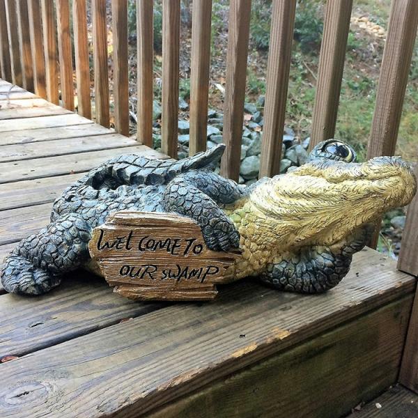 Welcome Signs |  Alligator Statue W/Sign: Welcome To Our Swamp Garden Garden Statues