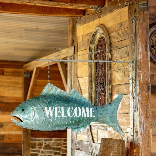 Welcome Signs |  Hanging Iron Fish "Welcome" Sign Garden Welcome Signs