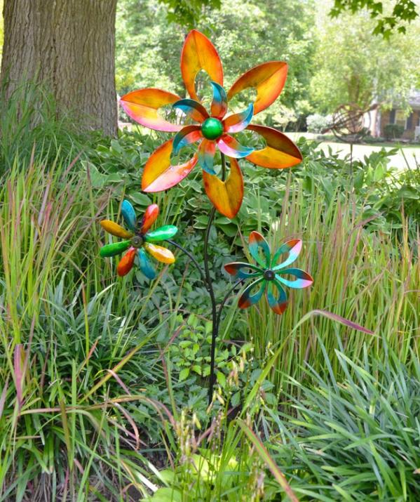 Wind Spinners |  48" Triple Flower Wind Spinner Garden Wind Spinners