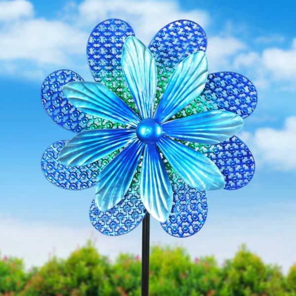 Wind Spinners |  Blue Flower Double Wind Spinner Garden Wind Spinners