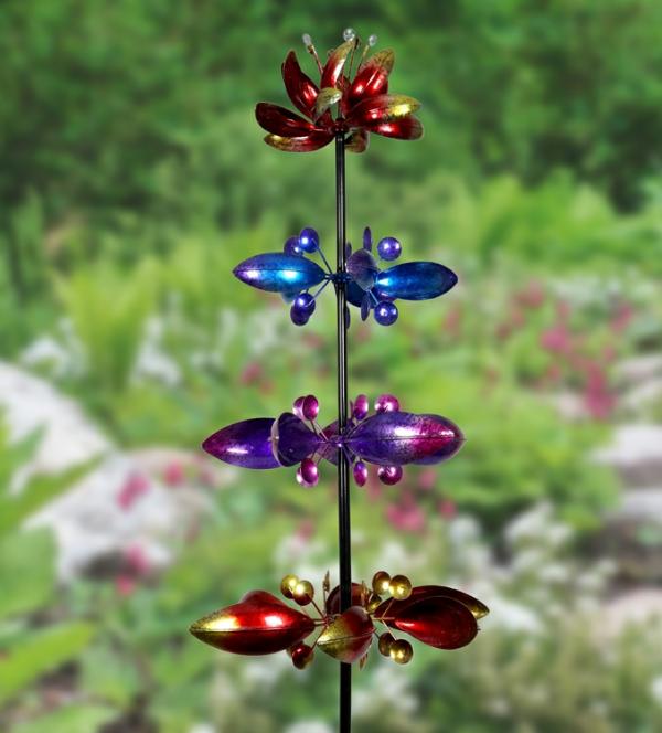 Wind Spinners |  Kinetic Stake W/4 Metallic Flower Spinners Garden Wind Spinners