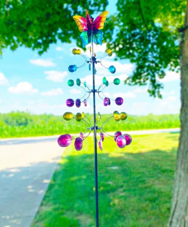 Wind Spinners |  Rainbow Butterfly Triple Cup Wind Spinner Garden Wind Spinners