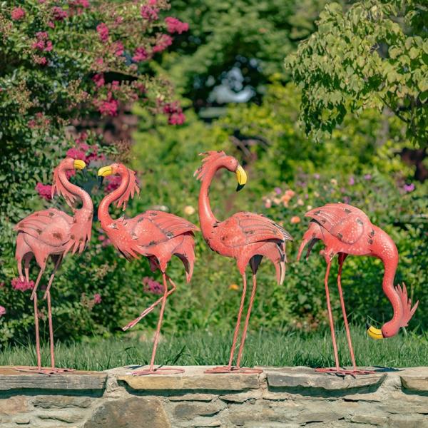 Garden Accents |  Bright Pink Iron Flamingos (Set Of 4) Garden Garden Accents