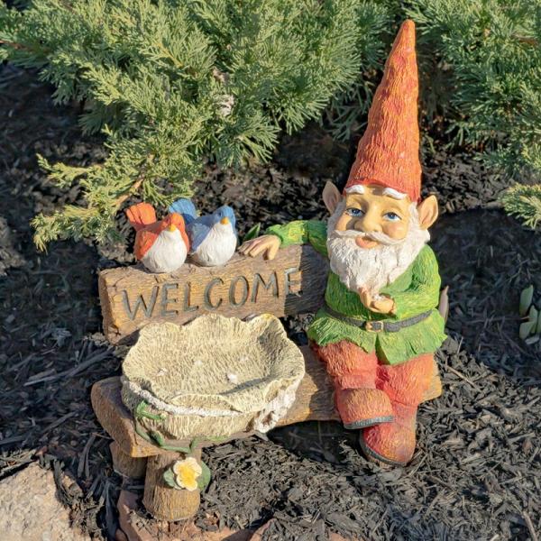 Garden Gnomes |  Gnome Sitting On Bench With Birdbath Garden Garden Gnomes