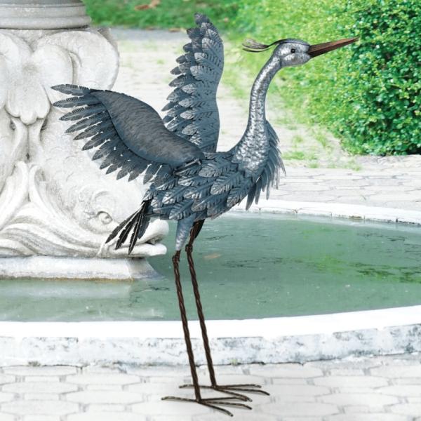 Metal Birds |  29" Blue Heron – Wings Up Garden Metal Birds