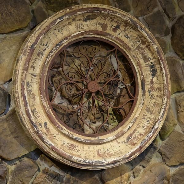 Outdoor Wall Art |  Round Wooden Wall Frame W/Iron Decor – Barcelona Red Finish Garden Outdoor Wall Art