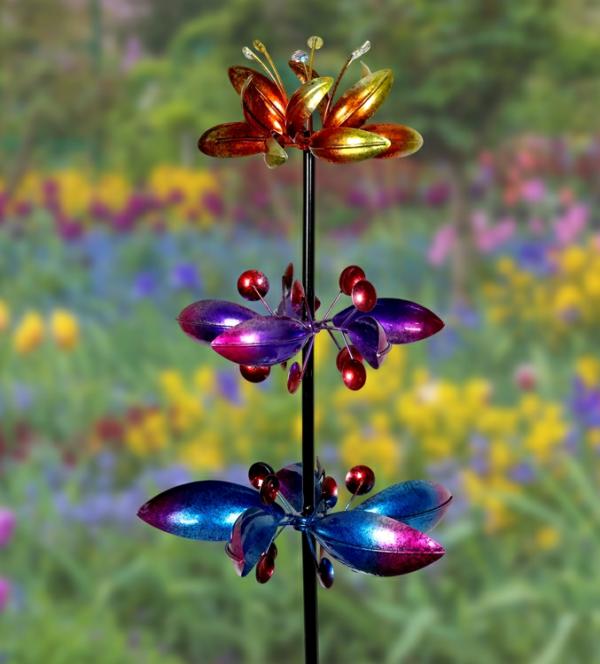 Wind Spinners |  Kinetic Stake W/3 Metallic Flower Spinners Garden Wind Spinners