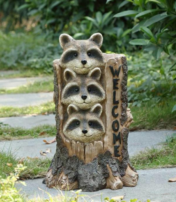 Garden Statues |  Stacking Raccoons In Stump Statue Garden Garden Statues