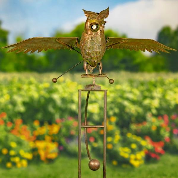 Metal Birds |  Large Flying Owl W/Moving Wings & Solar Eyes Garden Metal Birds